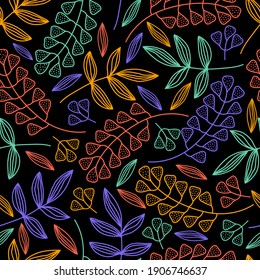 Seamless floral pattern of bright neon branches and leaves on a black background. Hand-drawn vector plant elements in one continuous art line. Modern trendy design for print, fabric, packaging paper