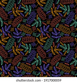 Seamless floral pattern of bright neon branches and leaves on a black background. Hand-drawn vector plant elements in one continuous art line. Modern trendy design for print, fabric, packaging paper
