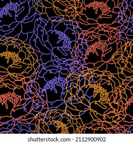 Seamless floral pattern of bright neon flowers on black background. Peony bud drawn with one continuous art line. Hand drawn vector plant elements. Abstract modern composition