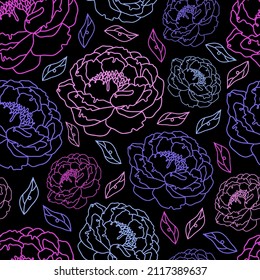 Seamless floral pattern of bright neon flowers on black background. Peony bud drawn with one continuous art line. Hand drawn vector plant elements. Abstract modern composition