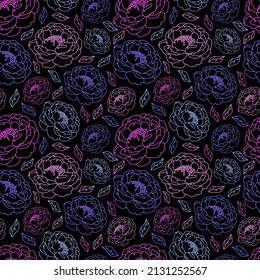Patrón floral sin foco de flores de neón brillante sobre fondo negro. Peony brotó dibujado con una línea de arte continuo. Elementos de plantas vectoriales dibujados a mano. Resumen de la composición moderna
