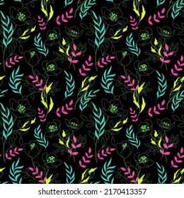 Seamless floral pattern of bright neon branches and leaves on a black background. Hand-drawn vector plant elements in one continuous art line. Modern trendy design for print, fabric, packaging paper