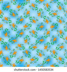 Seamless floral pattern of bright orange lilies, green leaves and curls, against a background of light and dark blue spots. Great for decorating fabrics, gift wrapping, printed materials, advertising.