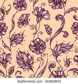 Seamless floral pattern. Bright ornate background of flowers and leaves. Outlines, background and coloured elements are on separate layers. 