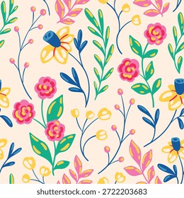 Padrão floral contínuo, impressão nítida e pintada de flora colorida em um motivo retrô. Design botânico bonito de flores pequenas desenhadas à mão, rosas minúsculas, folhas e galhos abstratos. Ilustração vetorial.
