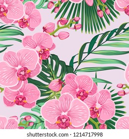 Seamless floral pattern with bright pink purple orchid phalaenopsis on light pink background with green jungle palm tree exotice tropical leaves.