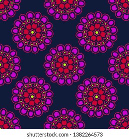 Seamless floral pattern, bright pink, abstract flowers, geometric, dark blue background, vector illustration