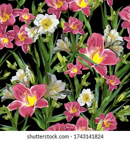 Seamless floral pattern with bright pink and white lilies, and wild herbs. Vector image with plant elements. Flowers, leaves and stems are located on a black background