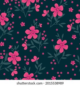Patrón floral sin foco de flores rosadas brillantes. flores maravillosas diseminadas en un fondo azul oscuro. Vector de material para imprimir en superficies y diseño web.