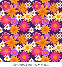 Seamless floral pattern, bright pink and orange flowers on purple background, summer prints for textile, wallpaper. 