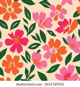 Seamless floral pattern with bright pink and red flowers and green leaves on beige background. Colorful vector flower design perfect for fabric, wallpaper, wrapping, and surface print.