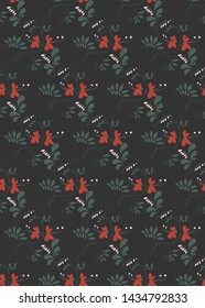 Seamless floral pattern bright red and light pink flowers with green leaves on black background vector design art