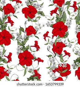 Nahtlose Blumenmuster mit hellrotem Petunia, weißen Blumen und grünen Blättern auf weißem Hintergrund. Handgezeichnet. Für Design, Textilien, Druck, Wallpaper, Umhüllung. Stockillustration für Vektorillustrationen.