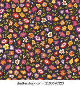 Seamless floral pattern in bright red, orange, yellow, purple and green. 