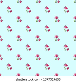 Seamless floral pattern. Bright stylized flowers with leaves is repeating on light blue background