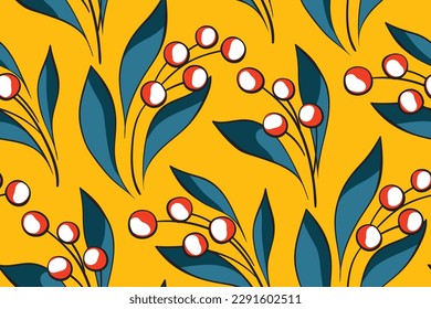Seamless floral pattern, bright summer print with wild berries on a yellow background. Cute botanical design with line art, hand drawn small berries on branches, leaves. Vector illustration.