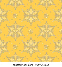 Seamless floral pattern. Bright yellow background with flower designs for wallpapers, textile and fabrics