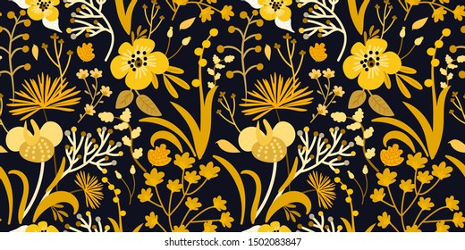 Seamless floral pattern with bright yellow flowers and tropic leaves on dark background. Creative template for fashion prints. Modern floral background. Trendy original style. Hand-drawn illustration.