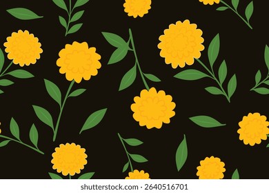 Seamless floral pattern with bright yellow marigold-style flowers and green leaves on a black background. Bold and elegant design perfect for fabric, print, and decor.