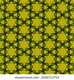 The seamless floral pattern, the bright yellow stands out on the dark green background, adding a natural feel, suitable for decorating places that require peace and relaxation.