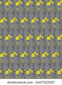 Seamless floral pattern with bright yellow blossoms on a grey background. Perfect for textiles, wallpapers, fashion prints, and modern decorative designs. Trendy and eye-catching style