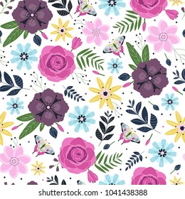 Seamless floral pattern with brigth flowers and leaves