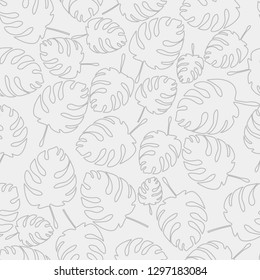 Seamless floral pattern. Broad palm leaves. The contours of the leaves. Light gray on white. Calm floral background