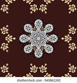 Seamless floral pattern. Brown background. Golden elements. Christmas, New Year, snowflake.