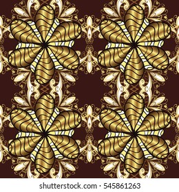 Seamless floral pattern. Brown background. Golden elements. Christmas, New Year, snowflake.