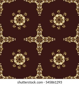 Seamless floral pattern. Brown background. Golden elements. Christmas, New Year, snowflake.