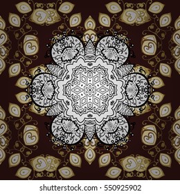 Seamless floral pattern. Brown background. Golden elements. Christmas, New Year, snowflake. Radial gradient shape.