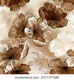 Patrón floral sin fisuras con flores marrones y beige sobre un fondo neutro suave. Ilustración botánica decorativa conveniente para la tela, el Fondo de pantalla, el empaquetado, y el diseño interior.