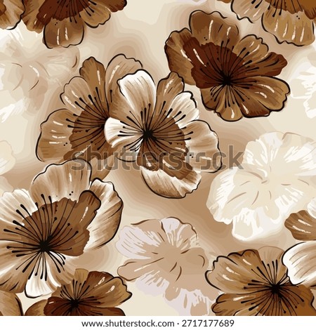Seamless floral pattern with brown and beige flowers on a soft neutral background. Decorative botanical illustration suitable for fabric, wallpaper, packaging, and interior design.