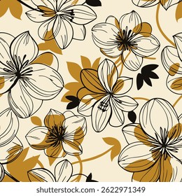 Padrão floral contínuo com cor marrom e preta desenhado à mão arte abstrata flor e folhas de outono elementos de fundo