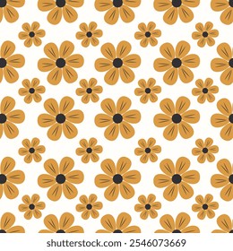 Seamless floral pattern with brown flowers on white background.