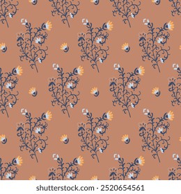 Seamless floral pattern with brown and navy elements, arranged in a repeating design. Vector illustration ideal for textiles, wallpapers, and packaging.