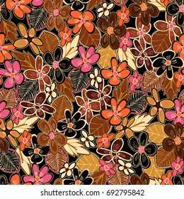 seamless floral pattern with brown and orange colors.hand drawn flowers.vector illustrations.