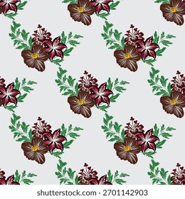 Padrão floral sem costura com flores marrom e vermelhas e folhas verdes em um fundo claro, perfeito para tecido, papel de parede ou design decorativo.