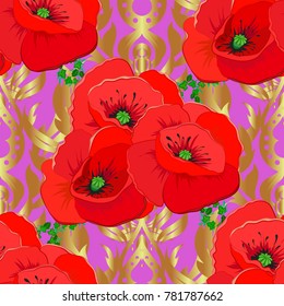 Seamless floral pattern in brown, red and violet colors with motley poppy flowers. Vector illustration.