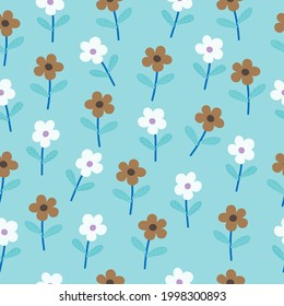 Seamless floral pattern with brown and white flowers on a blue background. Floral vector. Floral wallpaper, paper and print.