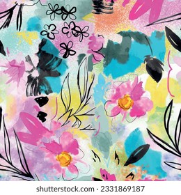 Seamless floral pattern with brush and leaf background in blue, yellow, pink. Grunge textured hand drawn flower garden vector design
