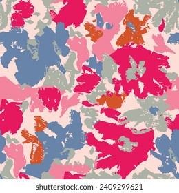 Seamless floral pattern with brush-drawn background elements in pink, blue, red and gray. Colorful flower garden design vector