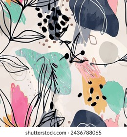 Seamless floral pattern with brush-drawn background elements in green, pink, yellow and black. Flower and brush design vector prepared for textile print and wallpaper