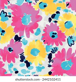 Seamless floral pattern with brush-drawn flower and leaf background elements in pink, yellow and blue