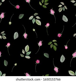 Seamless floral pattern with buds flowers pink roses and green leaves on black background. Hand drawn. For textile, wallpapers, print, wrapping paper. Vector stock illustration.