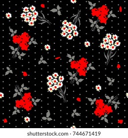 Seamless floral pattern with bunch of daisy flowers and bouquets of red roses on black polka dot background. Vector summer design.