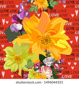 Seamless floral pattern with bunch of garden flowers and huge dahlias on red background with word "Love". Print for fabric.