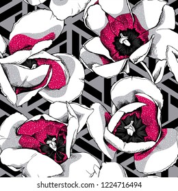 Seamless floral pattern. Burgundy open tulip flowers on a geometric background. Textile composition, hand drawn style print. Vector illustration.