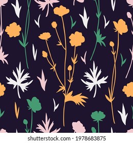 Seamless floral pattern Buttercup flower, Crowfoot vector illustration isolated on black background, decorative colorful herbal texture, backdrop for design wedding invitation, cosmetic, greeting card