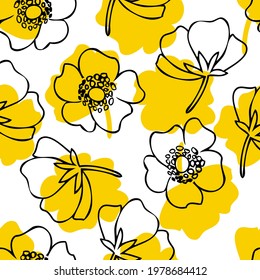 Seamless floral pattern Buttercup flower, Crowfoot vector illustration isolated on white background, decorative line art herbal texture, backdrop for design wedding invitation, cosmetic, greeting card